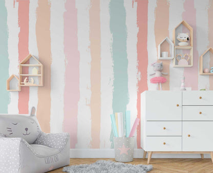 Children's Room Colorful Striped Wallpaper, Fun Kid Mural Illustration Wallpaper Nursery, Art Child Wallpaper, Peel and Stick Baby Wallpaper