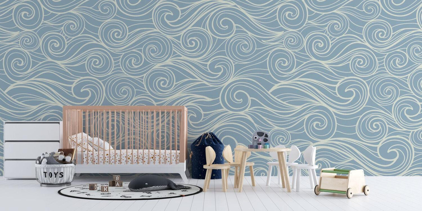 Linear Wave Pattern Wallpaper, Illustration Wallpaper Nursery, Art Child Wallpaper, Peel and Stick Baby Boy Wallpaper, Blue Kids Wallpaper