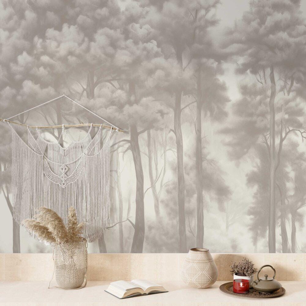 Grey Beech Forest Wallpaper, Bohemian Peel and Stick Wallpaper, Nature Wallpaper, Nostalgic Wallpaper, Drawwing Wallpaper, Trees Wallpaper