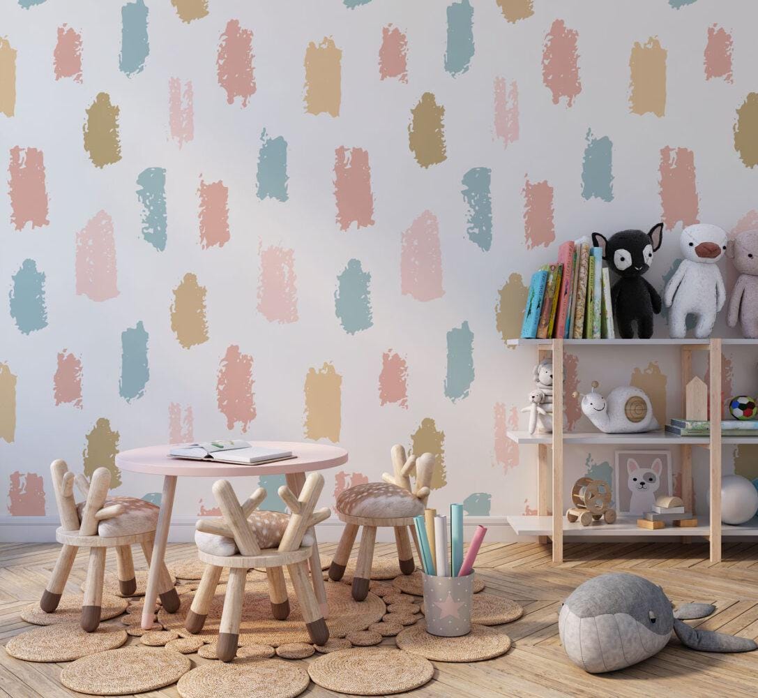 Brush Trace Wallpaper for Kids Rooms, Fun Kid Mural Illustration Wallpaper Nursery, Art Child Wallpaper, Peel and Stick Baby Wallpaper