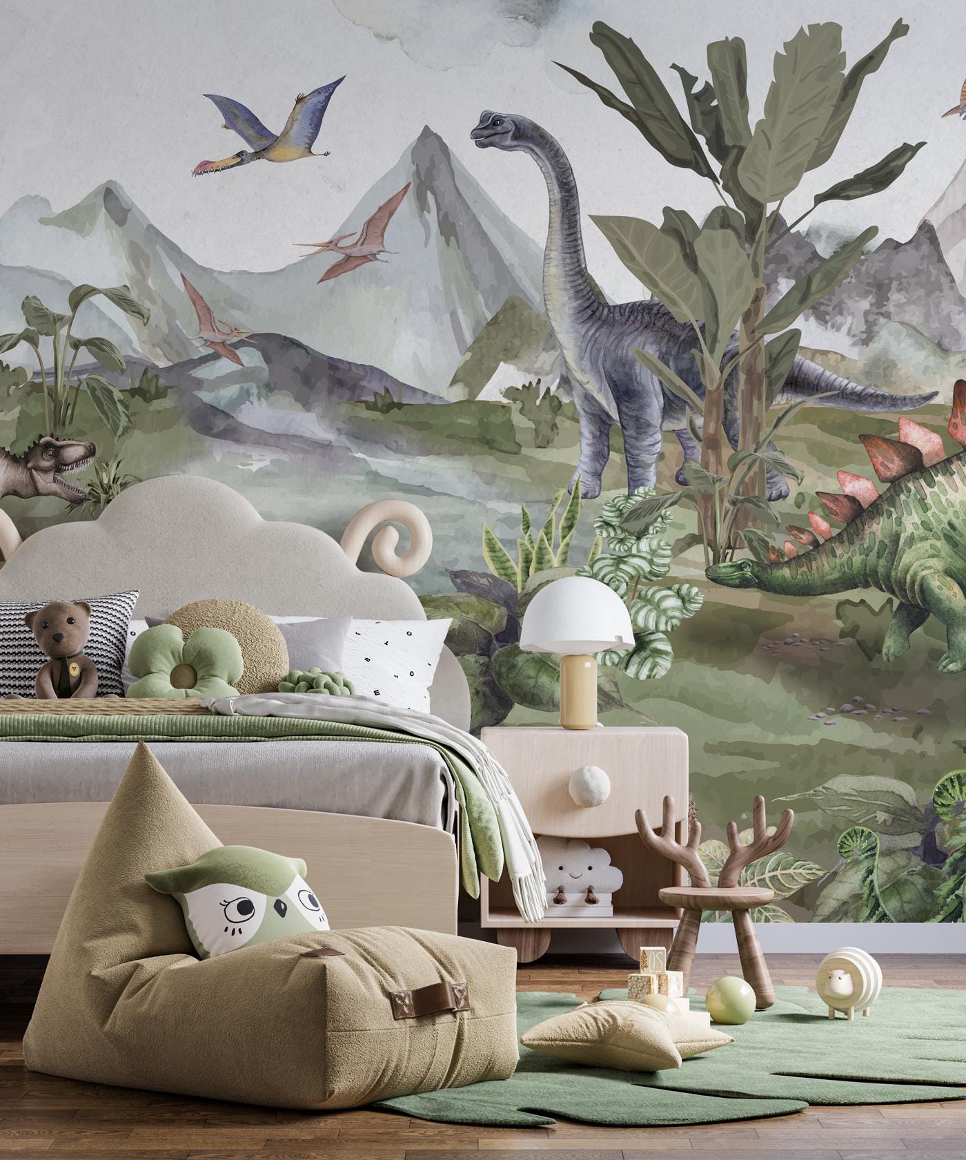 Dinosaurs By The Lake Wallpaper, Wild Animals Wallpaper Nursery, Jungle Childrens Wallpaper, Peel and Stick Wallpaper, Baby Wallpaper