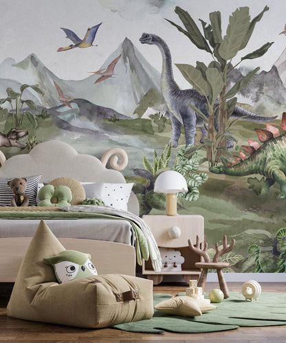 Dinosaurs By The Lake Wallpaper, Wild Animals Wallpaper Nursery, Jungle Childrens Wallpaper, Peel and Stick Wallpaper, Baby Wallpaper