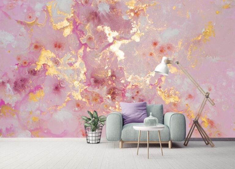 Rose Gold Look Modern Wallpaper, Abstract Peel & Stick Wallpaper, Stylish Room Design, Modern Marble Wallpaper, Luxury Pink Wallpaper