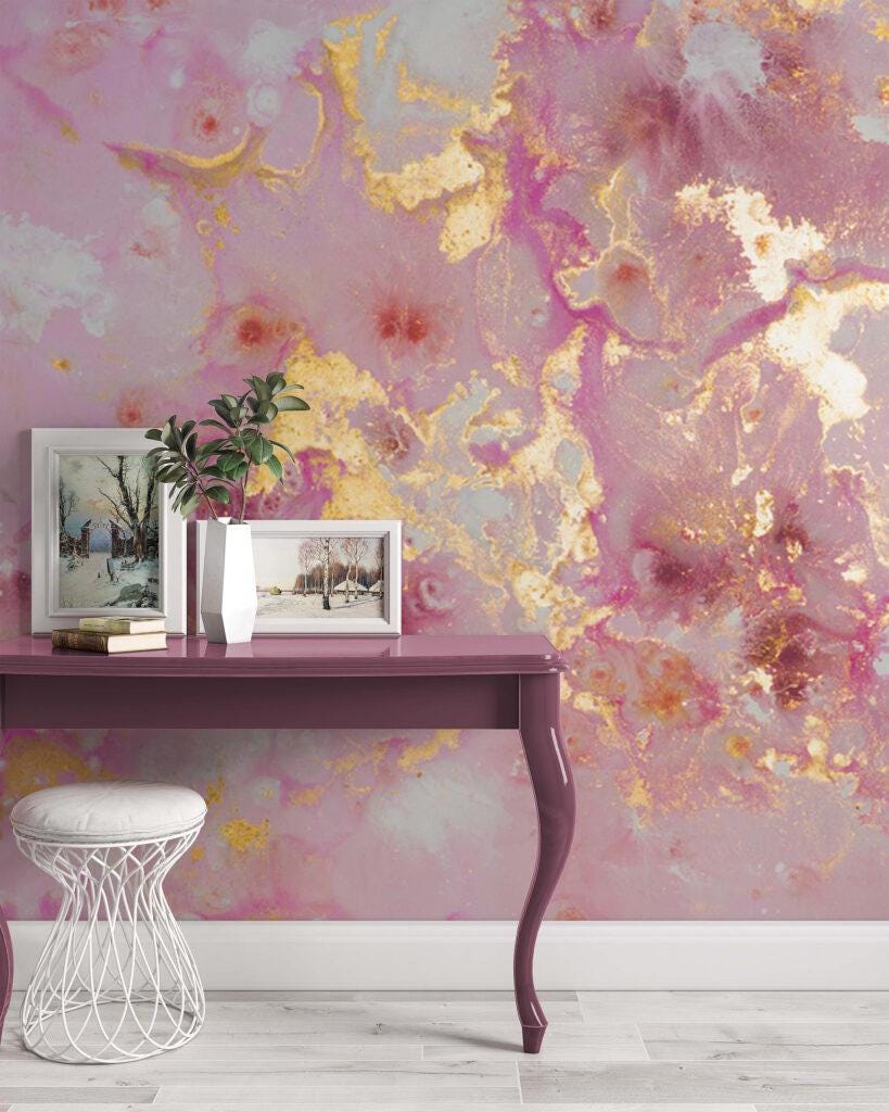 Rose Gold Look Modern Wallpaper, Abstract Peel & Stick Wallpaper, Stylish Room Design, Modern Marble Wallpaper, Luxury Pink Wallpaper