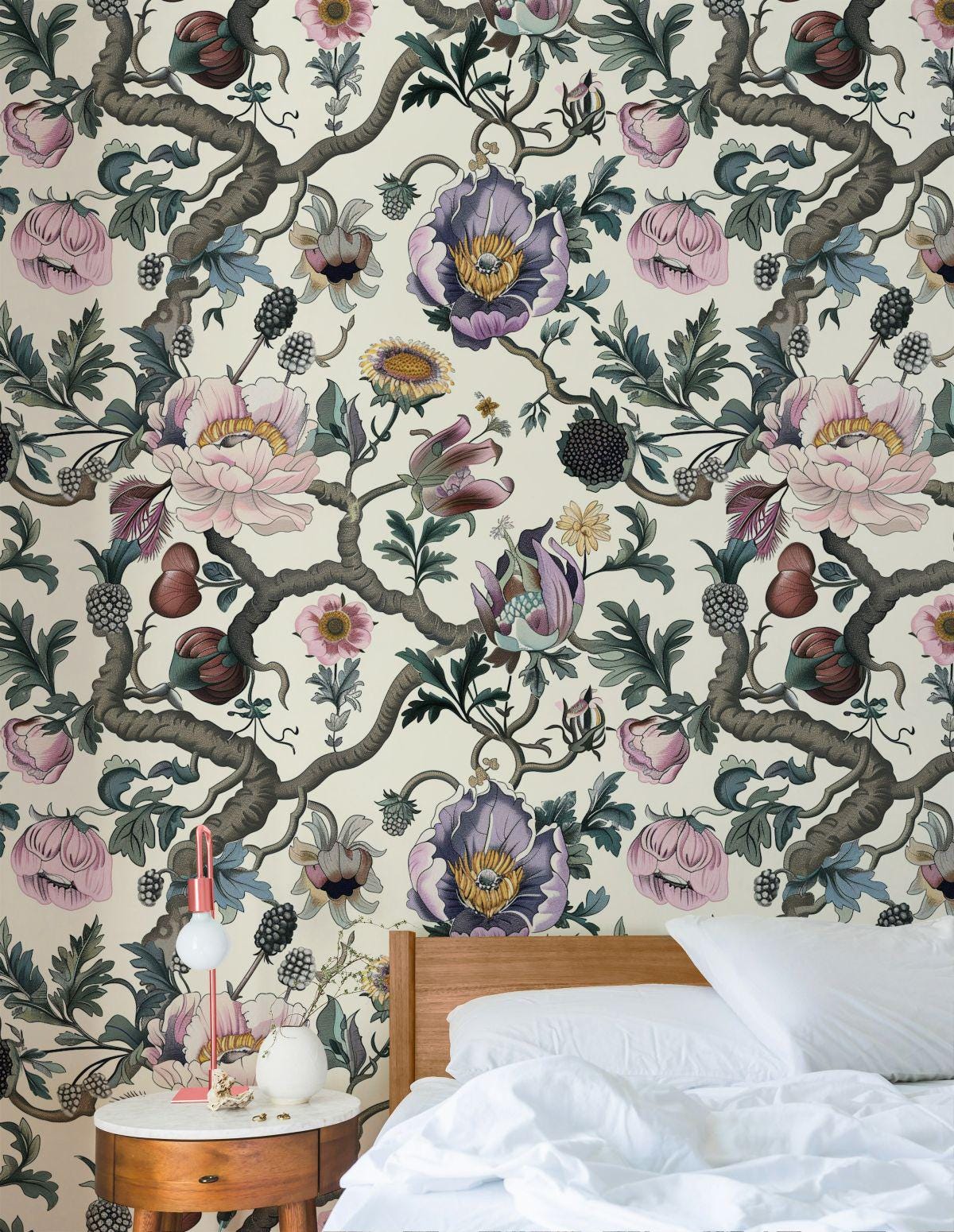 Pastel Colored Botanical Floral Wallpaper, Light Background, Detailed Flower and Leaf Design, Eaten Raspberry Wall Mural, Spring Wallpaper