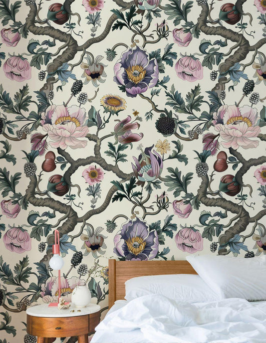 Pastel Colored Botanical Floral Wallpaper, Light Background, Detailed Flower and Leaf Design, Eaten Raspberry Wall Mural, Spring Wallpaper