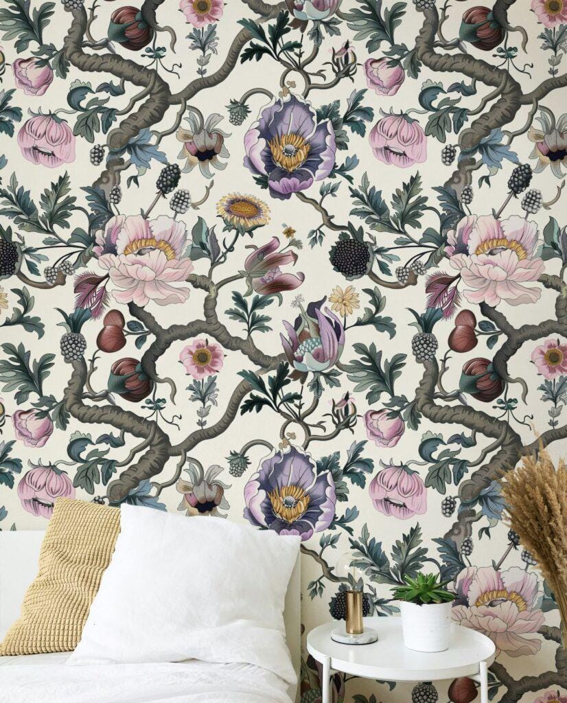 Pastel Colored Botanical Floral Wallpaper, Light Background, Detailed Flower and Leaf Design, Eaten Raspberry Wall Mural, Spring Wallpaper