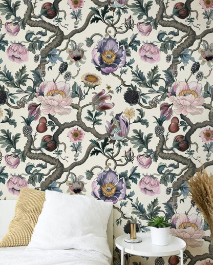 Pastel Colored Botanical Floral Wallpaper, Light Background, Detailed Flower and Leaf Design, Eaten Raspberry Wall Mural, Spring Wallpaper
