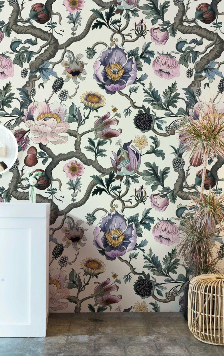 Pastel Colored Botanical Floral Wallpaper, Light Background, Detailed Flower and Leaf Design, Eaten Raspberry Wall Mural, Spring Wallpaper