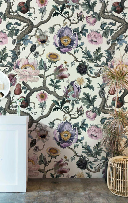 Pastel Colored Botanical Floral Wallpaper, Light Background, Detailed Flower and Leaf Design, Eaten Raspberry Wall Mural, Spring Wallpaper