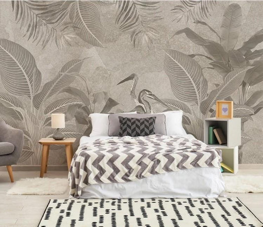 Retro Medieval Tropical Plants Wallpaper, Bohemian Peel and Stick Wallpaper, Nature Wallpaper, Nostalgic Wallpaper, Drawwing Leaf Wallpaper