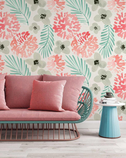 Watercolor Pink Green Gray Modern Flowers Wallpaper, Floral Wallpaper, Colourful Romantic Mural, Peel and Stick Wallpaper, Spring Wallpaper