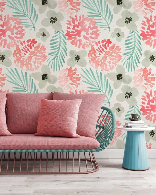 Watercolor Pink Green Gray Modern Flowers Wallpaper, Floral Wallpaper, Colourful Romantic Mural, Peel and Stick Wallpaper, Spring Wallpaper