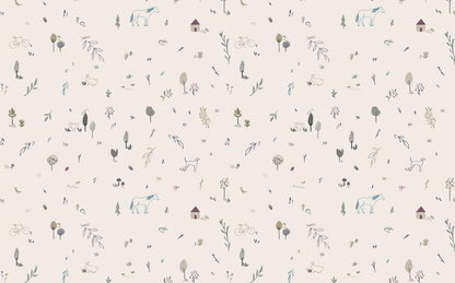 Animal And Tree Minimal Pattern Wallpaper, illustration Wallpaper Nursery, Peel and Stick Watercolor Wallpaper, Fun Wallpaper for Kids