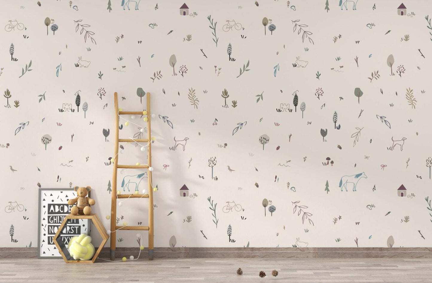 Animal And Tree Minimal Pattern Wallpaper, illustration Wallpaper Nursery, Peel and Stick Watercolor Wallpaper, Fun Wallpaper for Kids