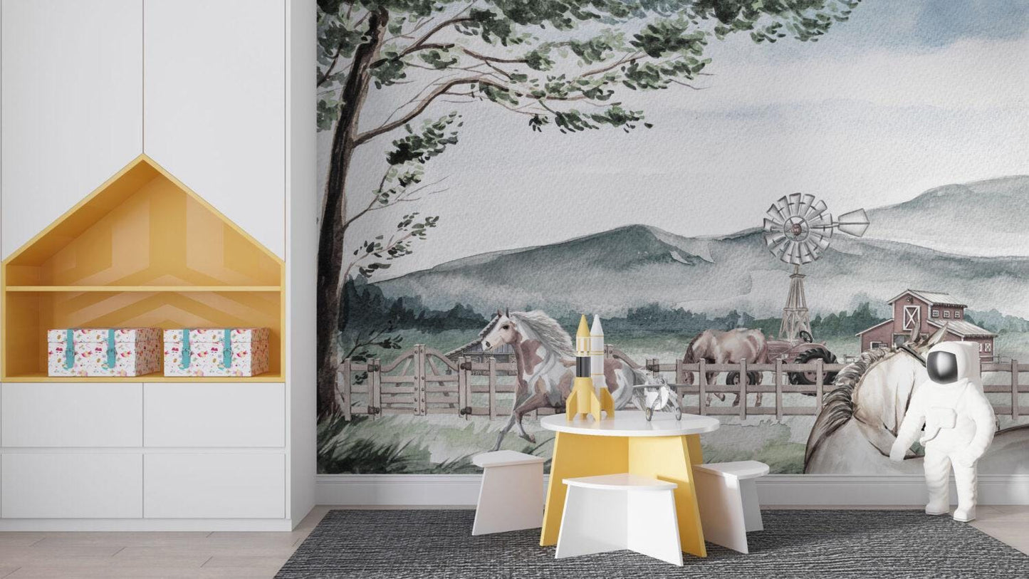 Horse Farm 3D Wallpaper For Kidsroom in Soft Tones, Animals Wallpaper Nursery, Peel and Stick Wallpaper, Childrens and Baby Wallpaper