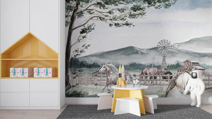 Horse Farm 3D Wallpaper For Kidsroom in Soft Tones, Animals Wallpaper Nursery, Peel and Stick Wallpaper, Childrens and Baby Wallpaper
