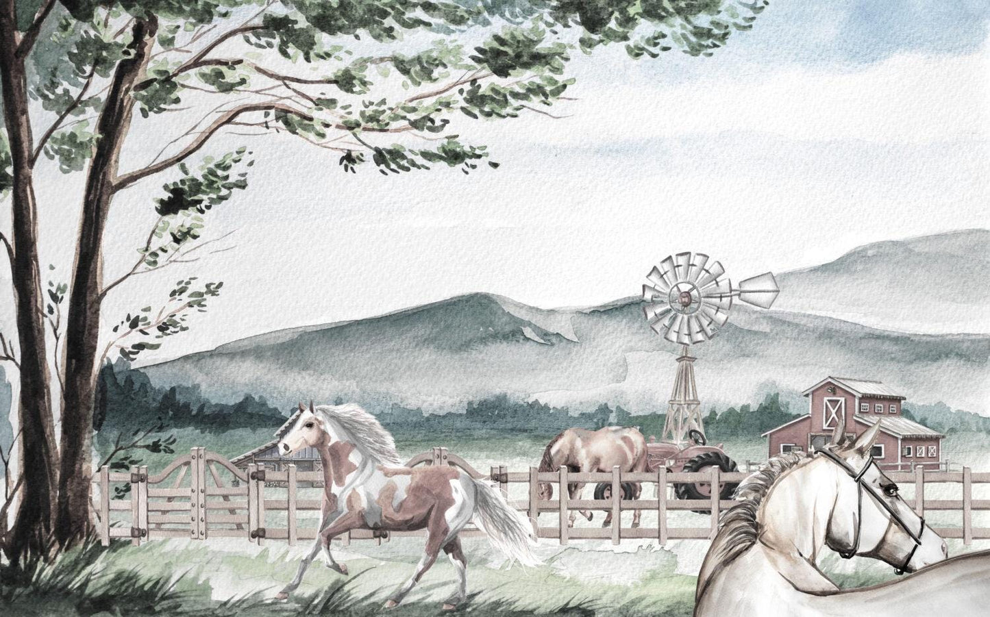Horse Farm 3D Wallpaper For Kidsroom in Soft Tones, Animals Wallpaper Nursery, Peel and Stick Wallpaper, Childrens and Baby Wallpaper