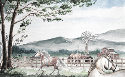 Horse Farm 3D Wallpaper For Kidsroom in Soft Tones, Animals Wallpaper Nursery, Peel and Stick Wallpaper, Childrens and Baby Wallpaper