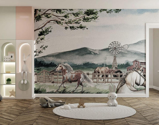 Horse Farm 3D Wallpaper For Kidsroom in Soft Tones, Animals Wallpaper Nursery, Peel and Stick Wallpaper, Childrens and Baby Wallpaper