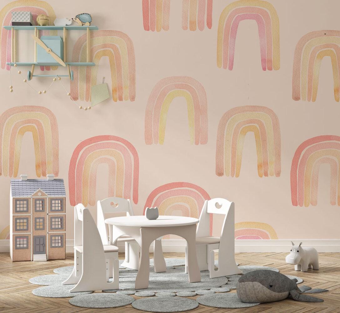 Rainbow Wallpaper for Kidsroom in Watercolor Style , Pink Wallpaper Nursery, Bright Child Wallpaper, Cute Baby Girl Wallpaper, Fun Wallpaper