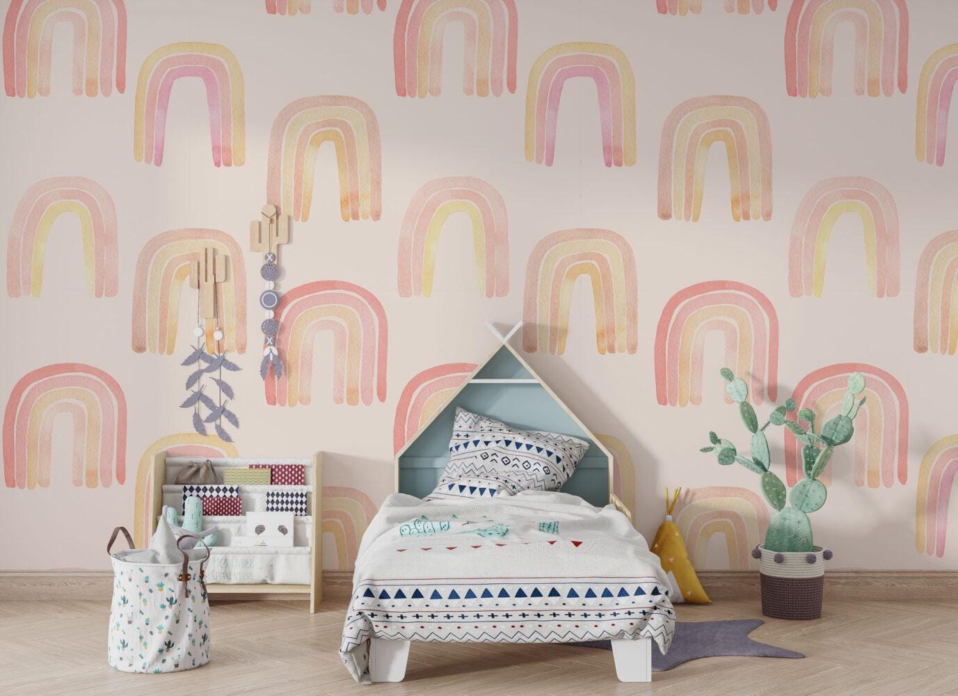 Rainbow Wallpaper for Kidsroom in Watercolor Style , Pink Wallpaper Nursery, Bright Child Wallpaper, Cute Baby Girl Wallpaper, Fun Wallpaper