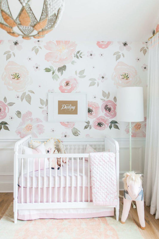 Watercolor Flowers Wallpaper on a White Background, Floral Wallpaper, Colourful Romantic Wall Mural, Pink Baby Girl Spring Themed Wallpaper