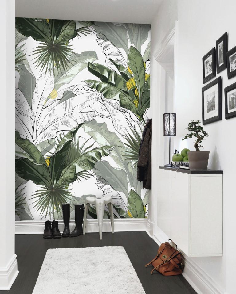 Large Green and White Color Leaf Work Wallpaper, Nature Illustration Wallpaper, Botany Mural, Peel and Stick Wallpaper, Stylish Room Design