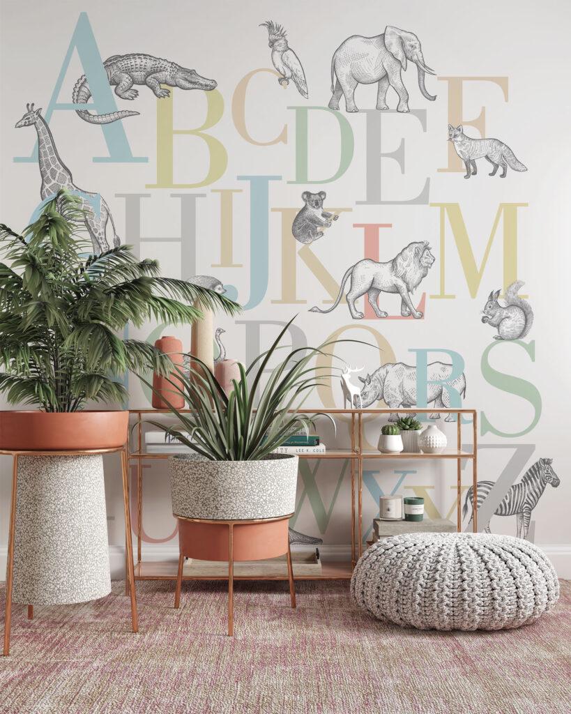 Colorful Alphabet Letters Wallpaper with Animal Drawings, Wallpaper For Kidsroom, Animals Wallpaper Nursery, Childrens and Baby Wallpaper