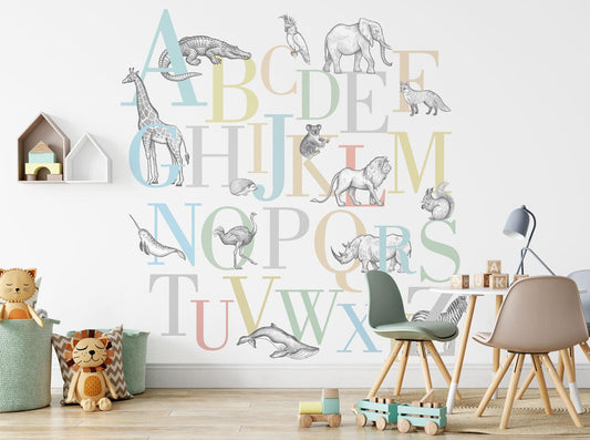Colorful Alphabet Letters Wallpaper with Animal Drawings, Wallpaper For Kidsroom, Animals Wallpaper Nursery, Childrens and Baby Wallpaper