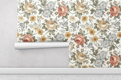 Daisy Rose Hibiscus Flowers Wallpaper, Floral Wallpaper, Colourful Romantic Wall Mural, Peel and Stick Wallpaper, Spring Themed Wallpaper