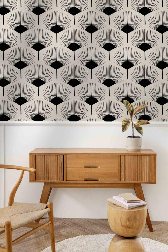 Abstract Black and White Fan Flowers Wallpaper, Peel and Stick Wallpaper, Stylish Room Design,  Design Wallpaper, Modern Artistic Wallpaper