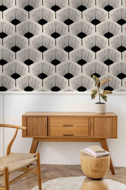 Abstract Black and White Fan Flowers Wallpaper, Peel and Stick Wallpaper, Stylish Room Design,  Design Wallpaper, Modern Artistic Wallpaper