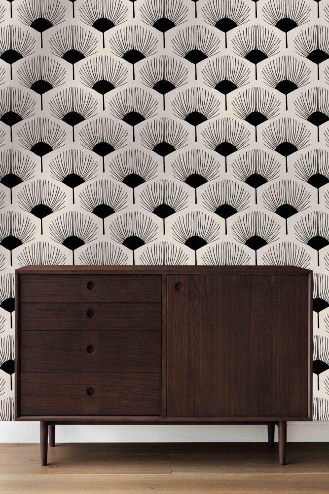 Abstract Black and White Fan Flowers Wallpaper, Peel and Stick Wallpaper, Stylish Room Design,  Design Wallpaper, Modern Artistic Wallpaper