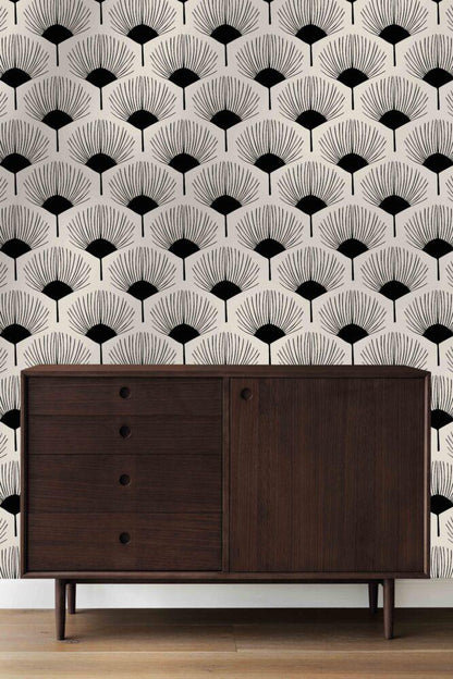 Abstract Black and White Fan Flowers Wallpaper, Peel and Stick Wallpaper, Stylish Room Design,  Design Wallpaper, Modern Artistic Wallpaper