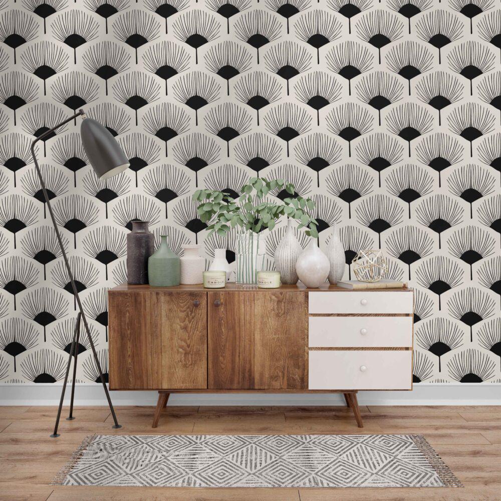 Abstract Black and White Fan Flowers Wallpaper, Peel and Stick Wallpaper, Stylish Room Design,  Design Wallpaper, Modern Artistic Wallpaper