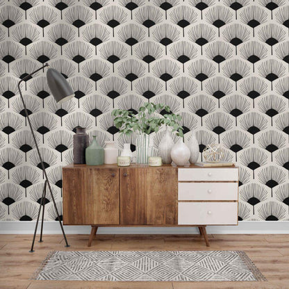 Abstract Black and White Fan Flowers Wallpaper, Peel and Stick Wallpaper, Stylish Room Design,  Design Wallpaper, Modern Artistic Wallpaper