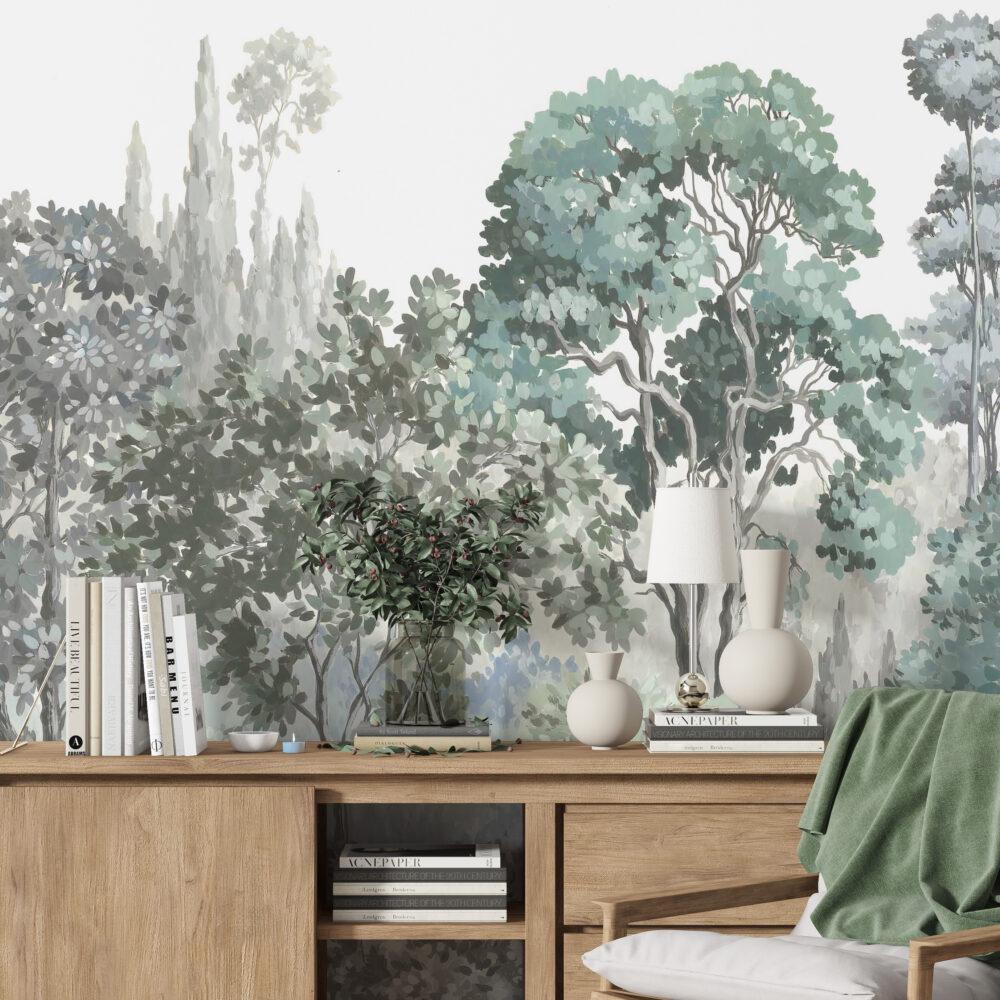 Forest Visual Wallpaper in Soft Green Tones, Trees Wallpaper, Nature Mural, Painting Wallpaper, Vintage Nature Wallpaper, Green Wallpaper