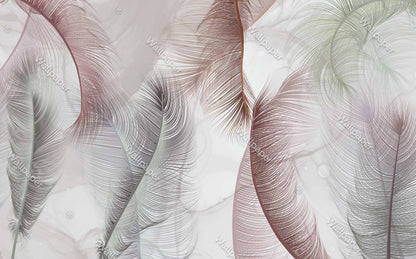 Soft Colorful Feathers Wallpaper, Art Wallpaper, Nature Mural, Painting Wallpaper, Peel and Stick Soothing Themed Wallpaper in Cold Tones