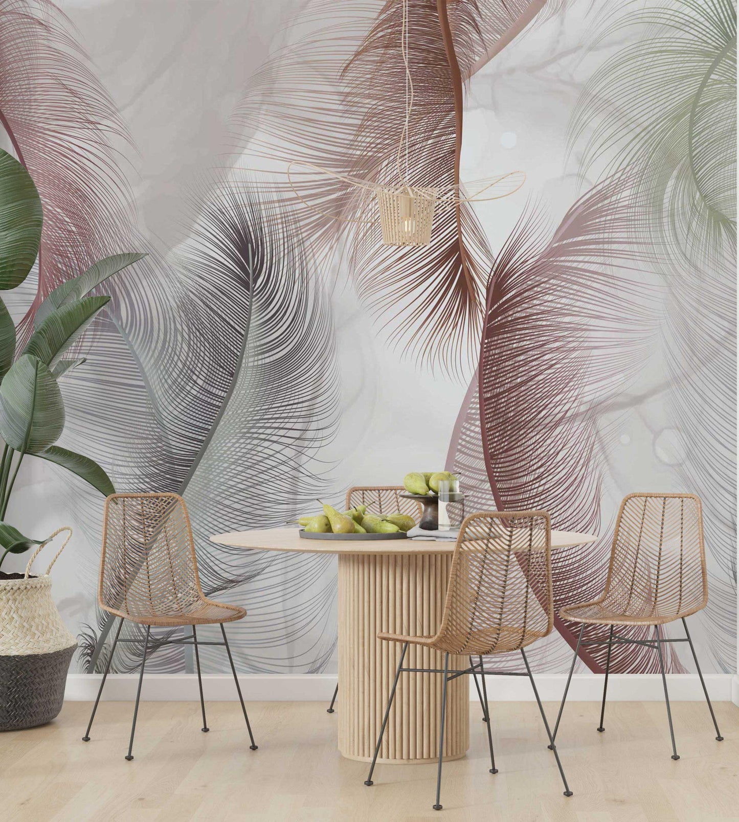 Soft Colorful Feathers Wallpaper, Art Wallpaper, Nature Mural, Painting Wallpaper, Peel and Stick Soothing Themed Wallpaper in Cold Tones