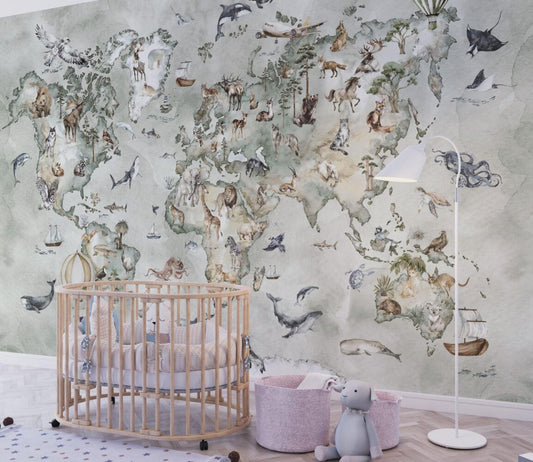 World Map 3D Wallpaper with Animals in Aqua Green Tones, Children Wallpaper , Peel and Stick Wallpaper Nursery and School, Baby Wallpaper