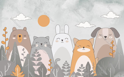 Cute Animals Wallpaper in Linear Soft Tones, Bear Cat Rabbit Wallpaper Nursery, Children Wallpaper, Peel and Stick Wallpaper, Baby Wallpaper