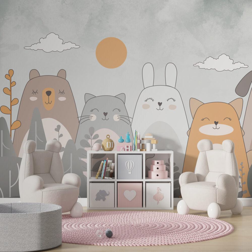 Cute Animals Wallpaper in Linear Soft Tones, Bear Cat Rabbit Wallpaper Nursery, Children Wallpaper, Peel and Stick Wallpaper, Baby Wallpaper