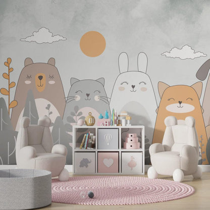 Cute Animals Wallpaper in Linear Soft Tones, Bear Cat Rabbit Wallpaper Nursery, Children Wallpaper, Peel and Stick Wallpaper, Baby Wallpaper