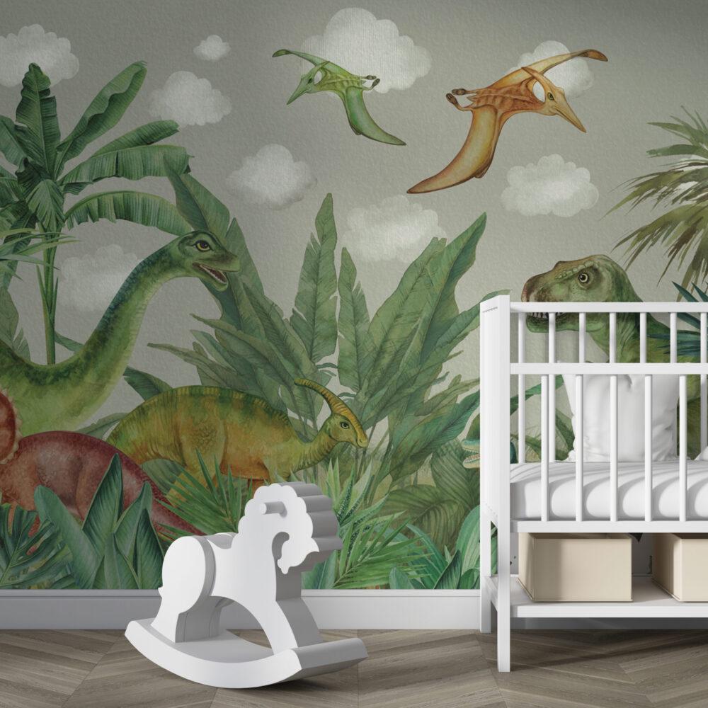 Dinosaurs And Tropical Forest Wallpaper, Wild Animals Wallpaper Nursery, Jungle Children Wallpaper, Peel and Stick Wallpaper, Baby Wallpaper