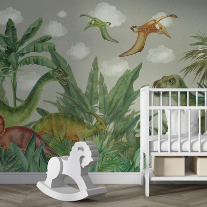 Dinosaurs And Tropical Forest Wallpaper, Wild Animals Wallpaper Nursery, Jungle Children Wallpaper, Peel and Stick Wallpaper, Baby Wallpaper