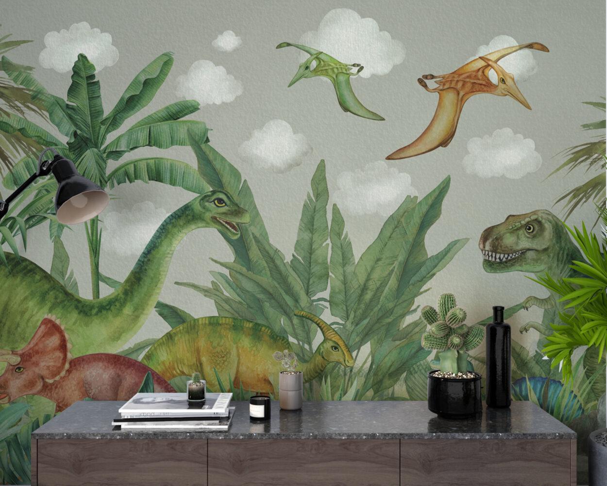 Dinosaurs And Tropical Forest Wallpaper, Wild Animals Wallpaper Nursery, Jungle Children Wallpaper, Peel and Stick Wallpaper, Baby Wallpaper
