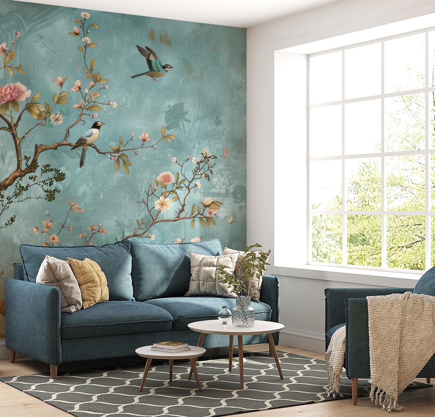 Birds and Flowers Wallpaper on Turquoise Background, Spring Flowers Wallpaper, Floral Wallpaper, Romantic Mural, Blooming Drawing Wallpaper