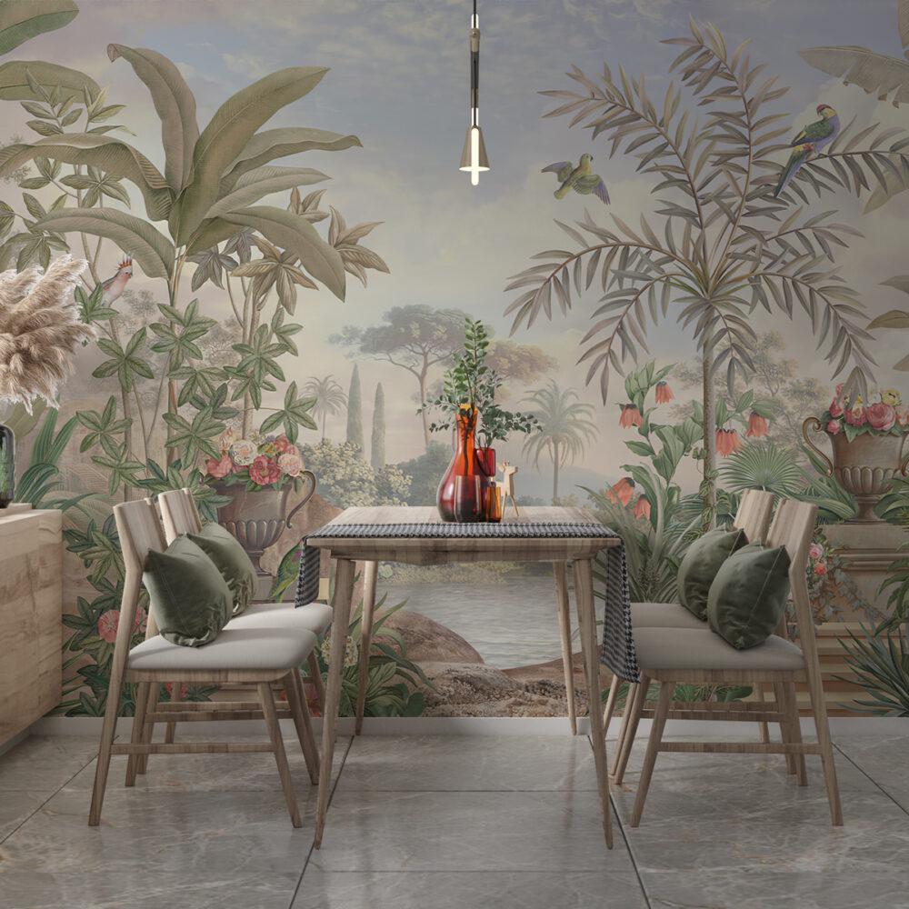 Bird Garden in Tropical Forest Wallpaper, Bohemian Wallpaper, Trees Mural Peel and Stick Wallpaper, Antique Botany Drawwing Wallpaper