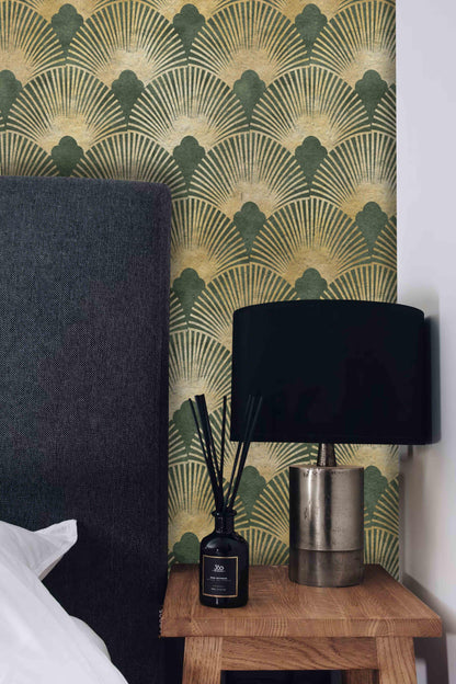 Green and Gold Geometric Pattern Wallpaper, Abstract Wallpaper with Vintage Pattern, Boho Style Wallpaper, Design Modern Pattern Wallpaper